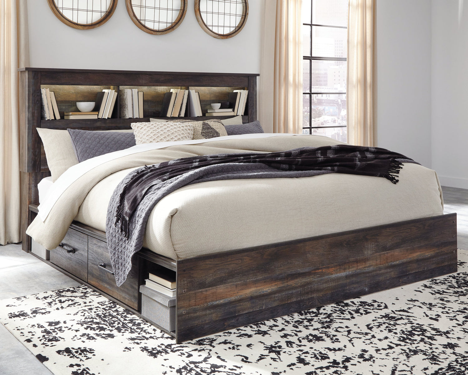 Drystan King Bookcase Bed with 4 Storage Drawers with Mirrored Dresser and 2 Nightstands in Multi - PKG003396