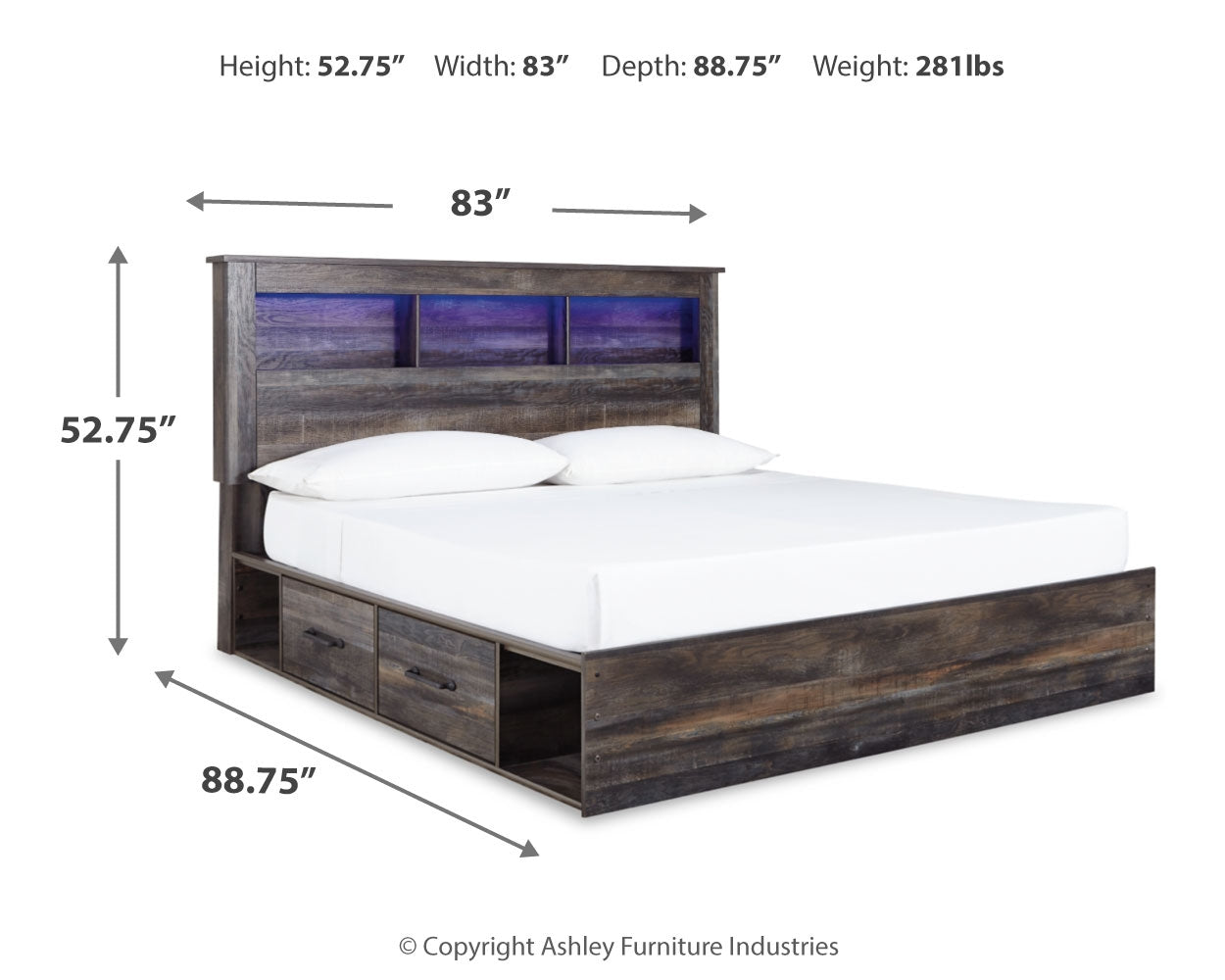 Drystan King Bookcase Bed with 4 Storage Drawers with Mirrored Dresser, Chest and 2 Nightstands in Multi - PKG003398