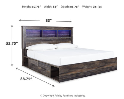 Drystan King Bookcase Bed with 4 Storage Drawers with Mirrored Dresser, Chest and 2 Nightstands in Multi - PKG003398
