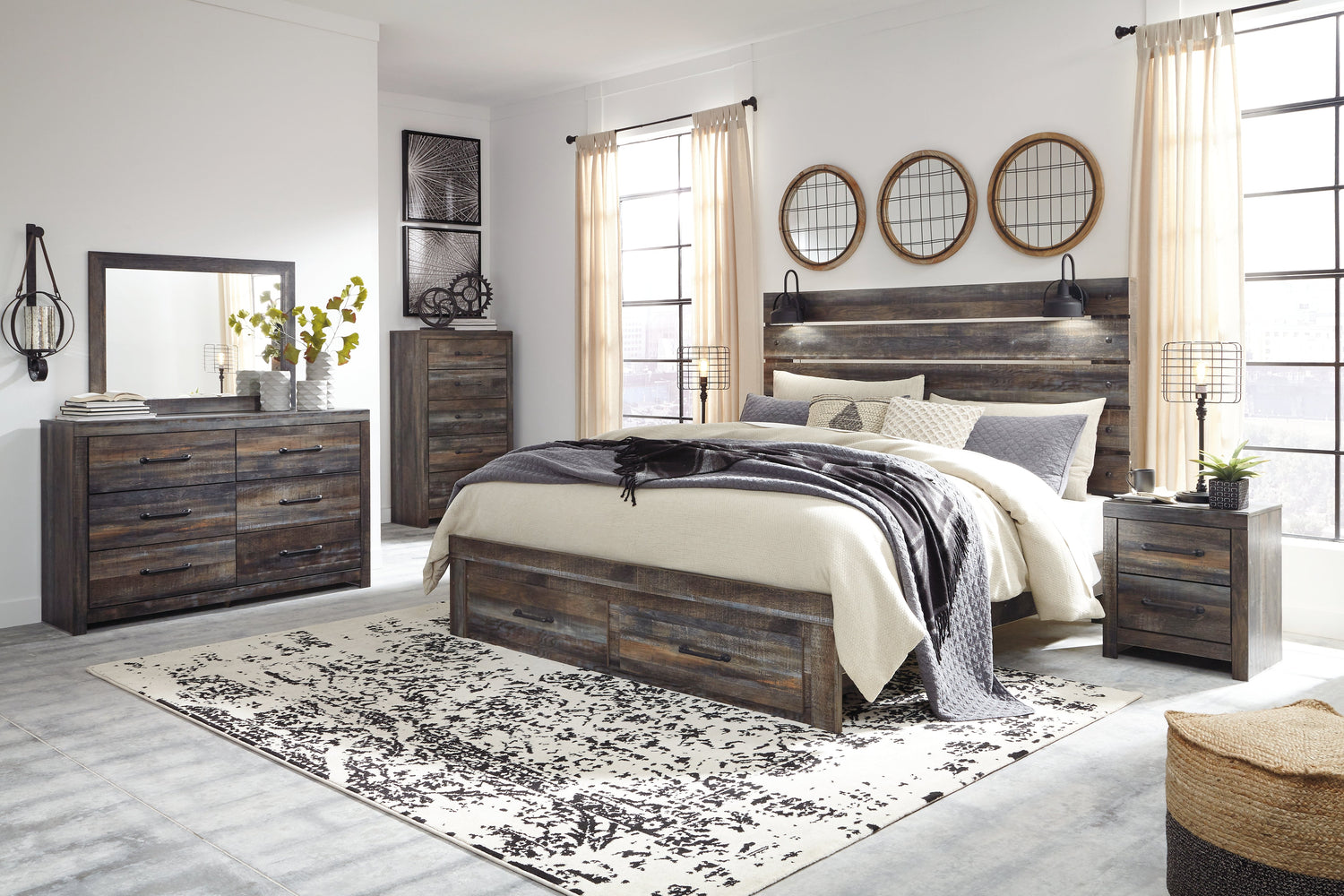 Drystan King Panel Bed with Storage with Mirrored Dresser, Chest and 2 Nightstands in Multi from Ashley - Luna Furniture