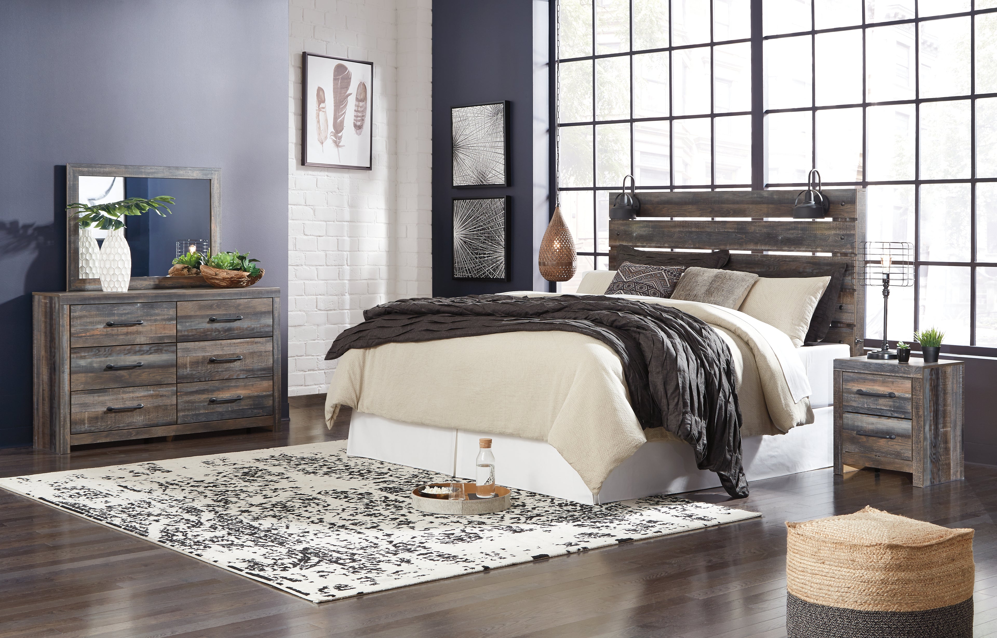 Drystan Multi King Panel Headboard with Metal Frame, Dresser, Mirror, and Nightstand - B211B71