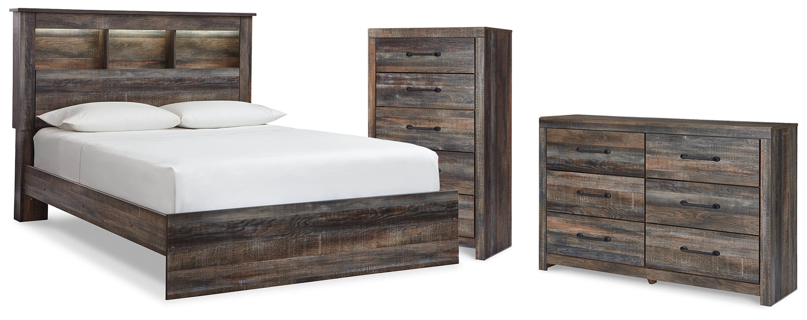 Drystan Queen Bookcase Bed, Dresser and Chest - B211B105