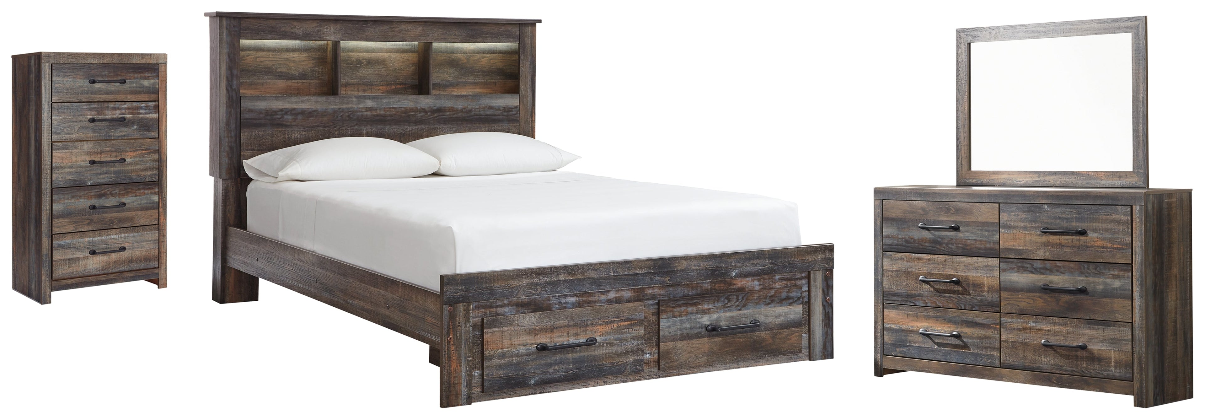 Drystan Queen Bookcase Bed with 2 Storage Drawers with Mirrored Dresser and Chest in Multi - PKG003243