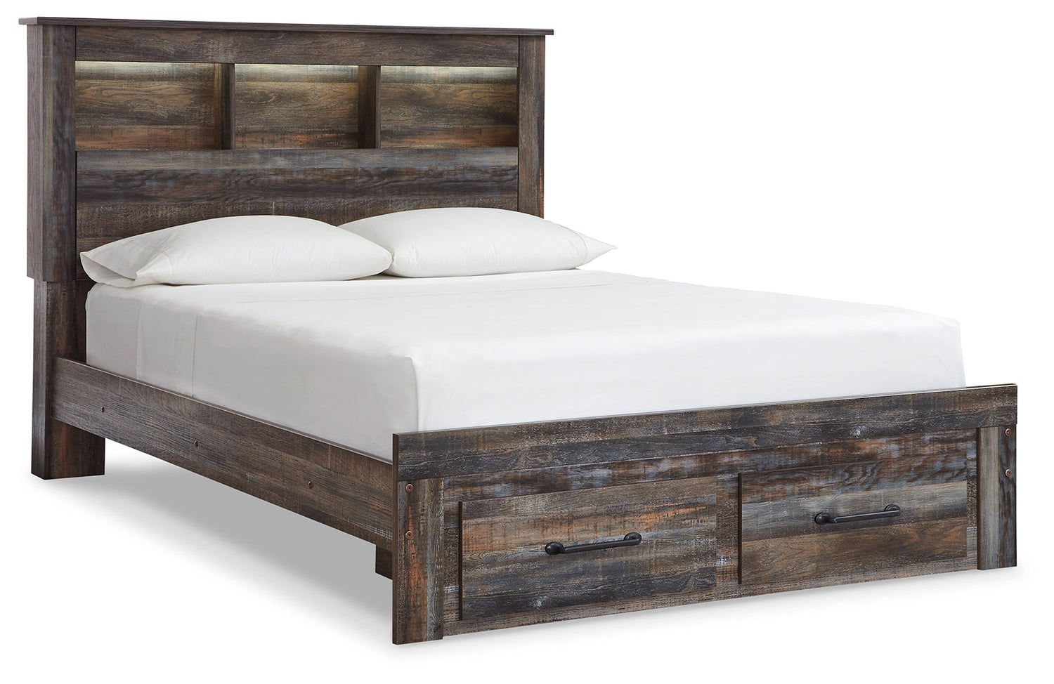 Drystan Queen Bookcase Bed with 2 Storage Drawers with Mirrored Dresser and Chest in Multi - PKG003243