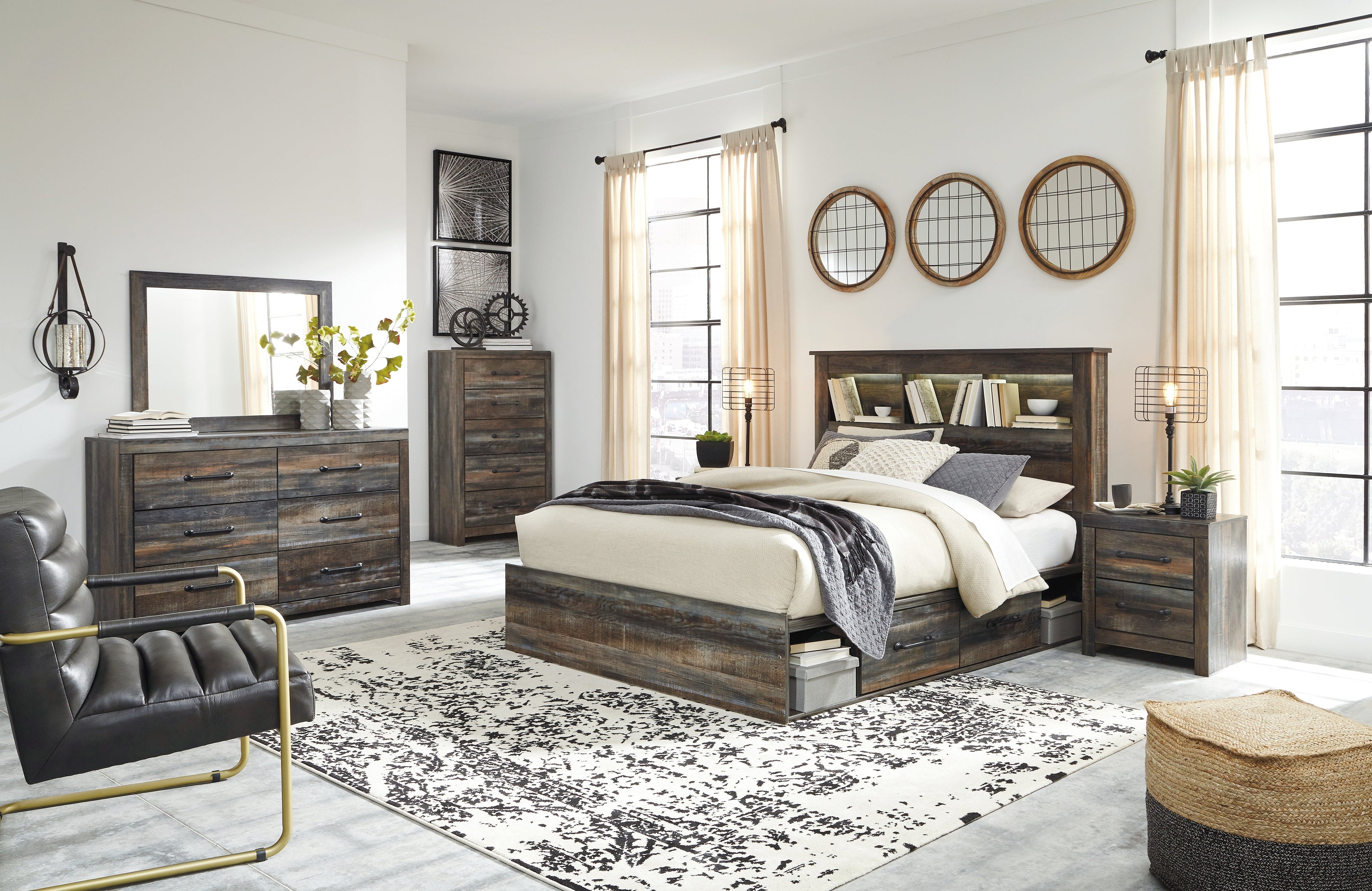 Drystan Queen Bookcase Bed with 2 Storage Drawers with Mirrored Dresser, Chest and 2 Nightstands in Multi from Ashley - Luna Furniture
