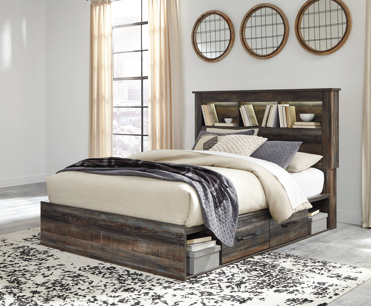 Drystan Queen Bookcase Bed with 4 Storage Drawers with Dresser in Multi - PKG003216