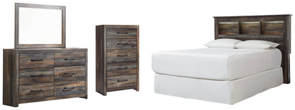 Drystan Queen/Full Bookcase Headboard Bed with Mirrored Dresser and Chest in Multi - PKG003137