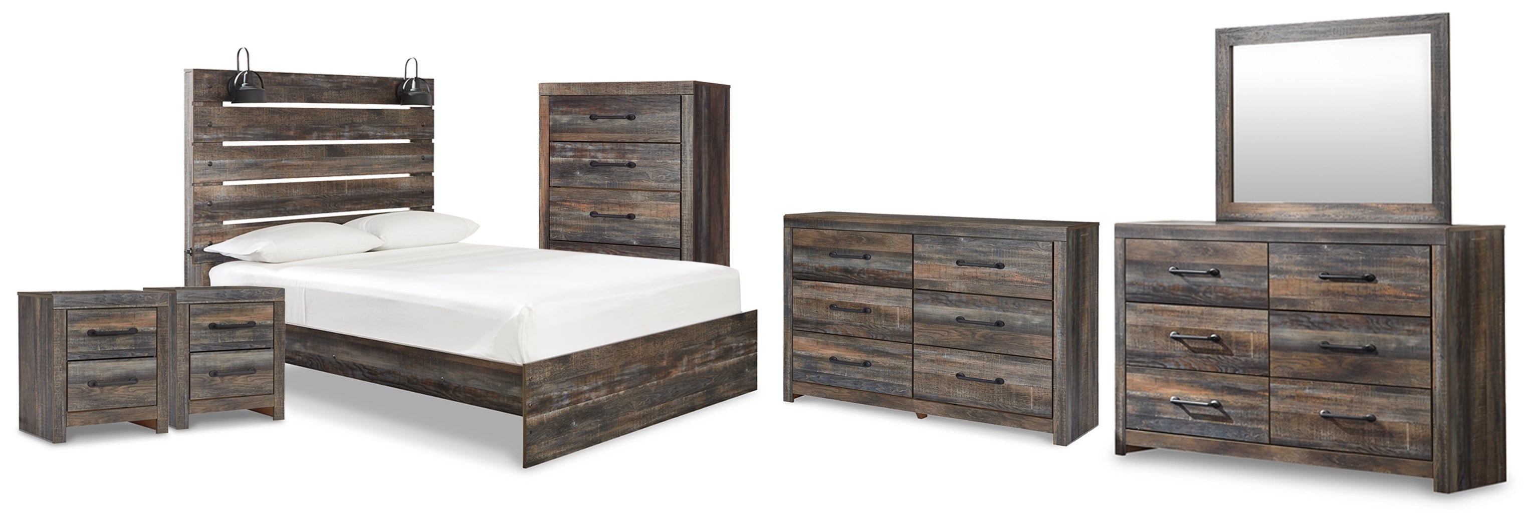 Drystan Queen Panel Bed, 2 Dressers, Mirror, Chest and 2 Nightstands - B211B104