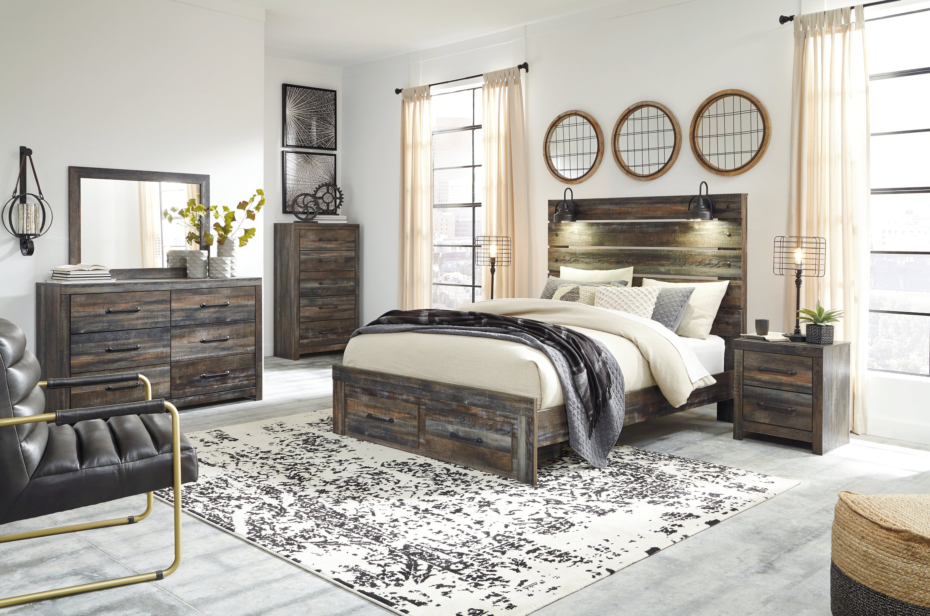 Drystan Queen Panel Bed with 2 Storage Drawers with Mirrored Dresser and Chest in Multi from Ashley - Luna Furniture
