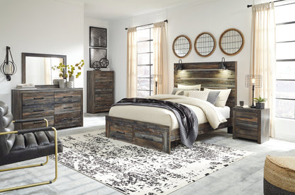 Drystan Queen Panel Bed with 2 Storage Drawers with Mirrored Dresser and Chest in Multi from Ashley - Luna Furniture