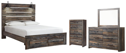 Drystan Queen Panel Bed with 2 Storage Drawers with Mirrored Dresser and Chest in Multi from Ashley - Luna Furniture