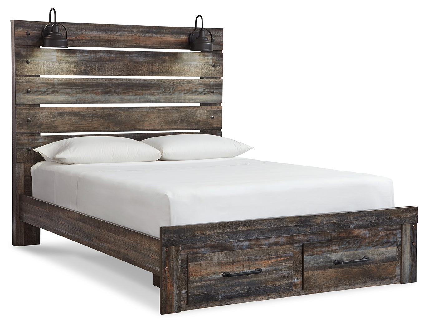 Drystan Queen Panel Bed with 2 Storage Drawers with Mirrored Dresser and Chest in Multi from Ashley - Luna Furniture