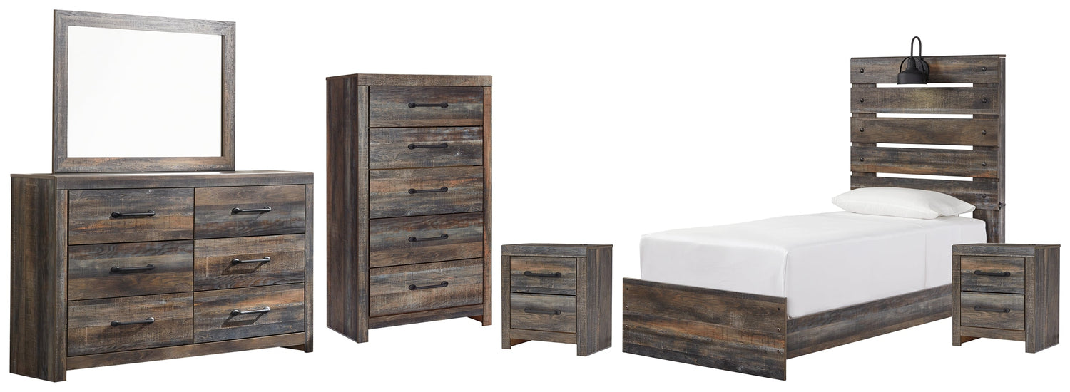 Drystan Twin Panel Bed with Mirrored Dresser, Chest and 2 Nightstands in Multi - PKG003227