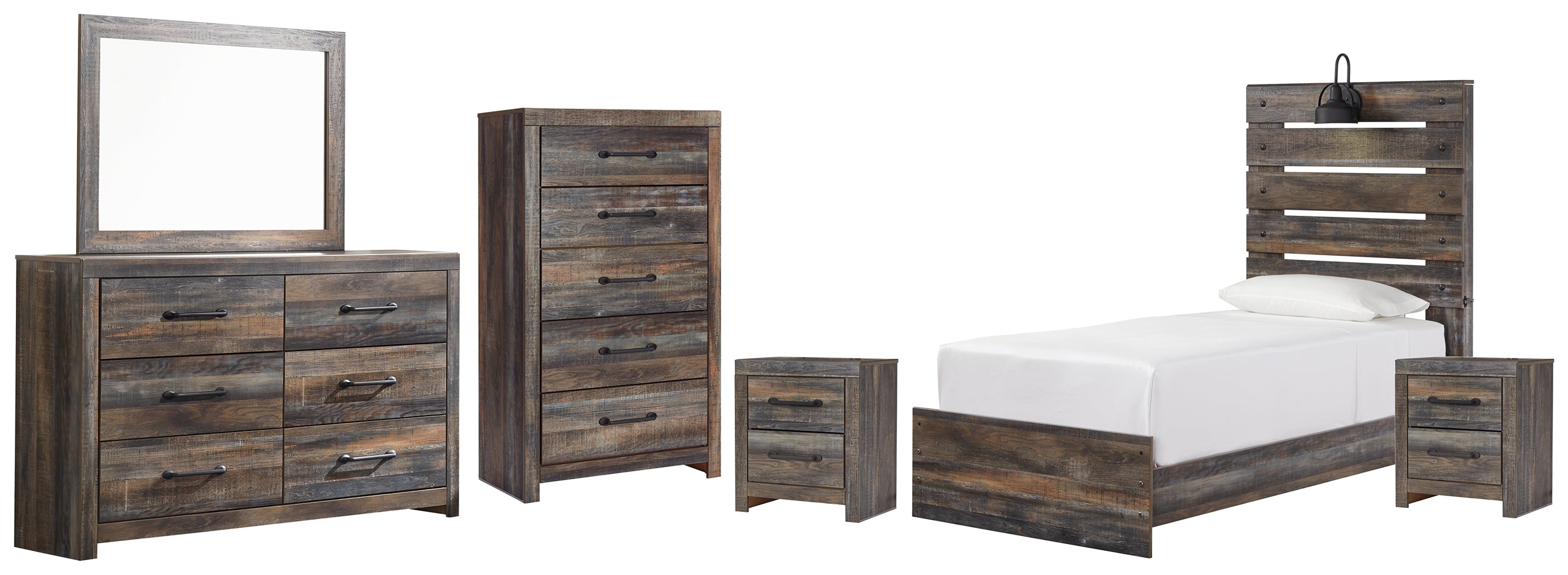 Drystan Twin Panel Bed with Mirrored Dresser, Chest and 2 Nightstands in Multi - PKG003227