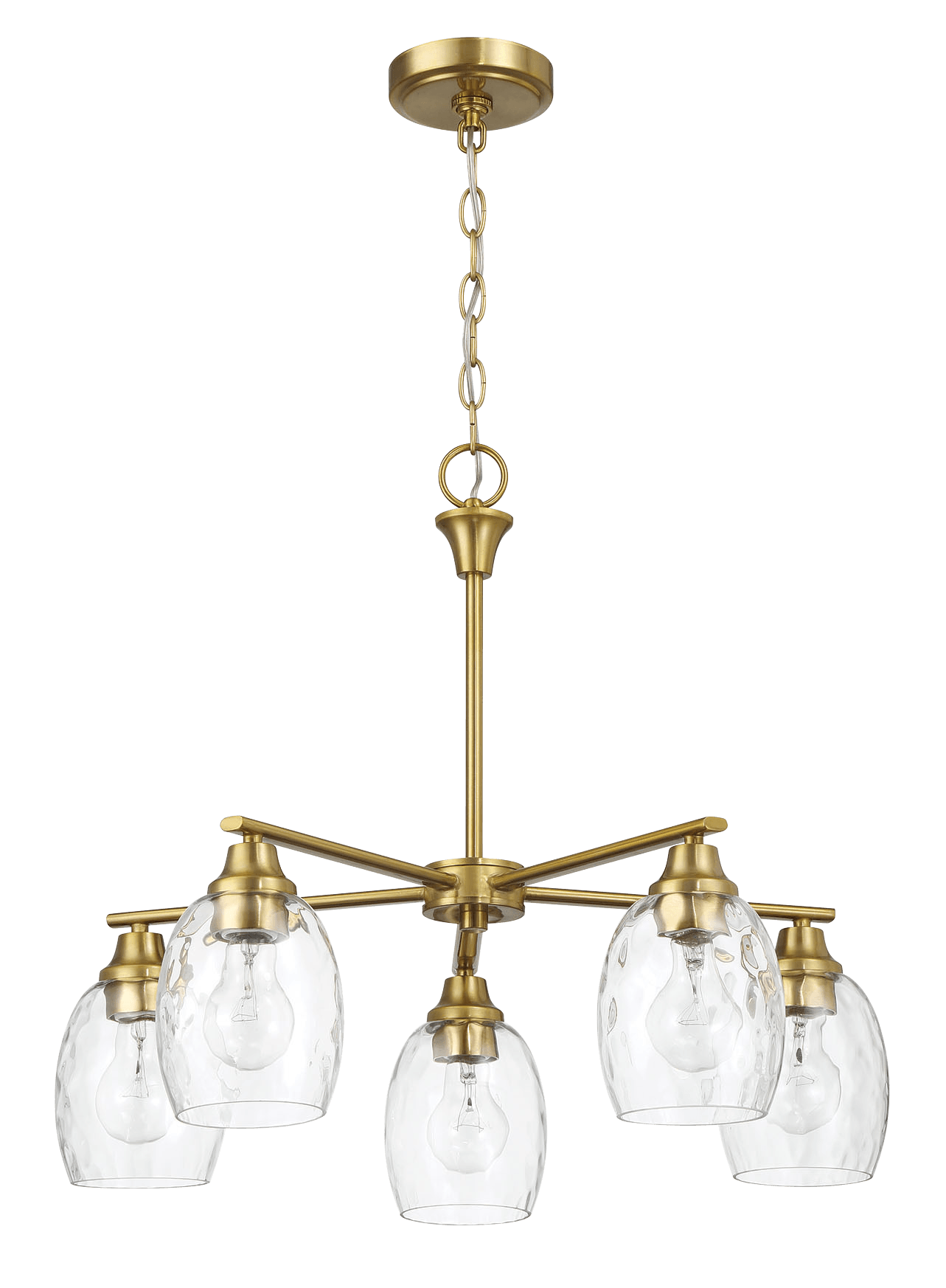 Elegance Five Lights Linear Arms with Golden Brass Finish Chain Chandelier 24"W × 8.5"H with Clear Water Glass - PNL03900401