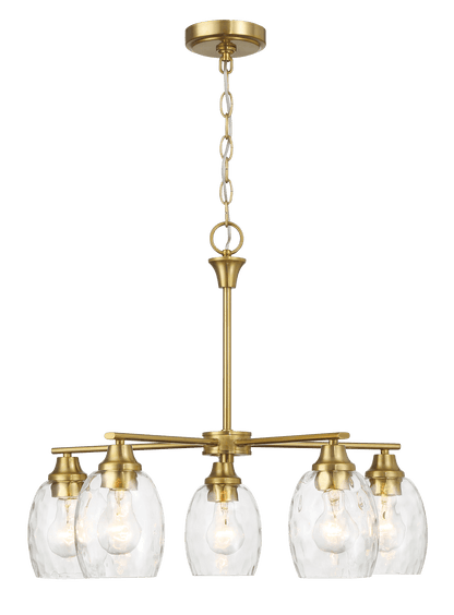 Elegance Five Lights Linear Arms with Golden Brass Finish Chain Chandelier 24"W × 8.5"H with Clear Water Glass - PNL03900401