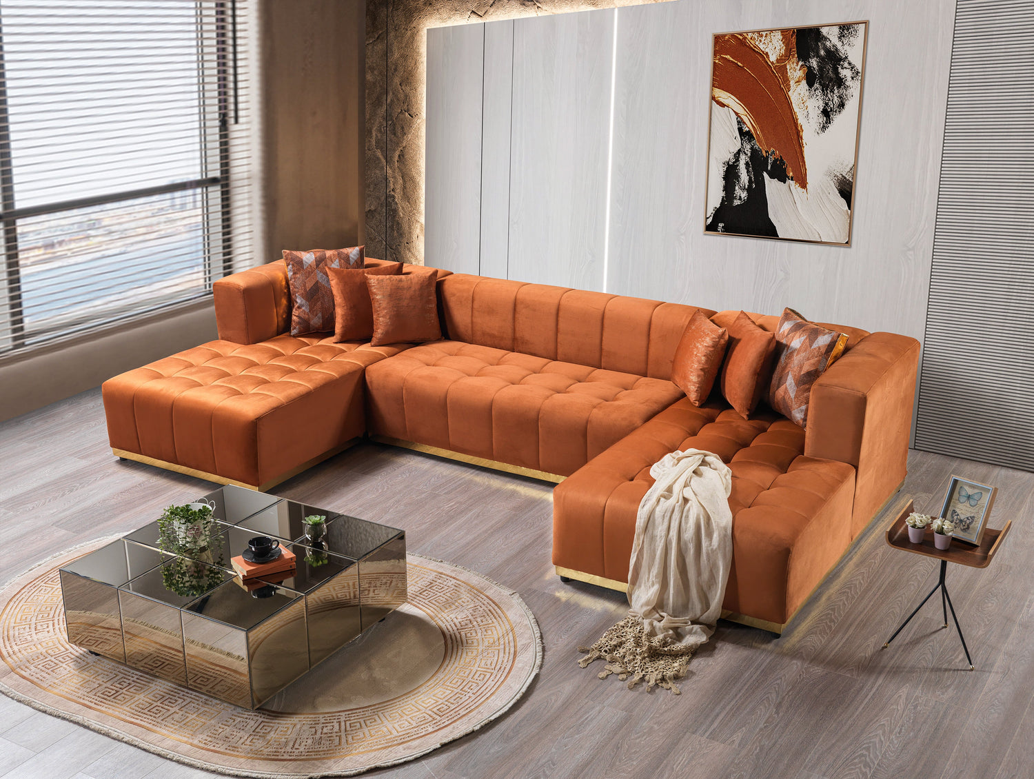 Elisha Orange Velvet Double Chaise 140" Sectional - ELISHAORANGE-SEC