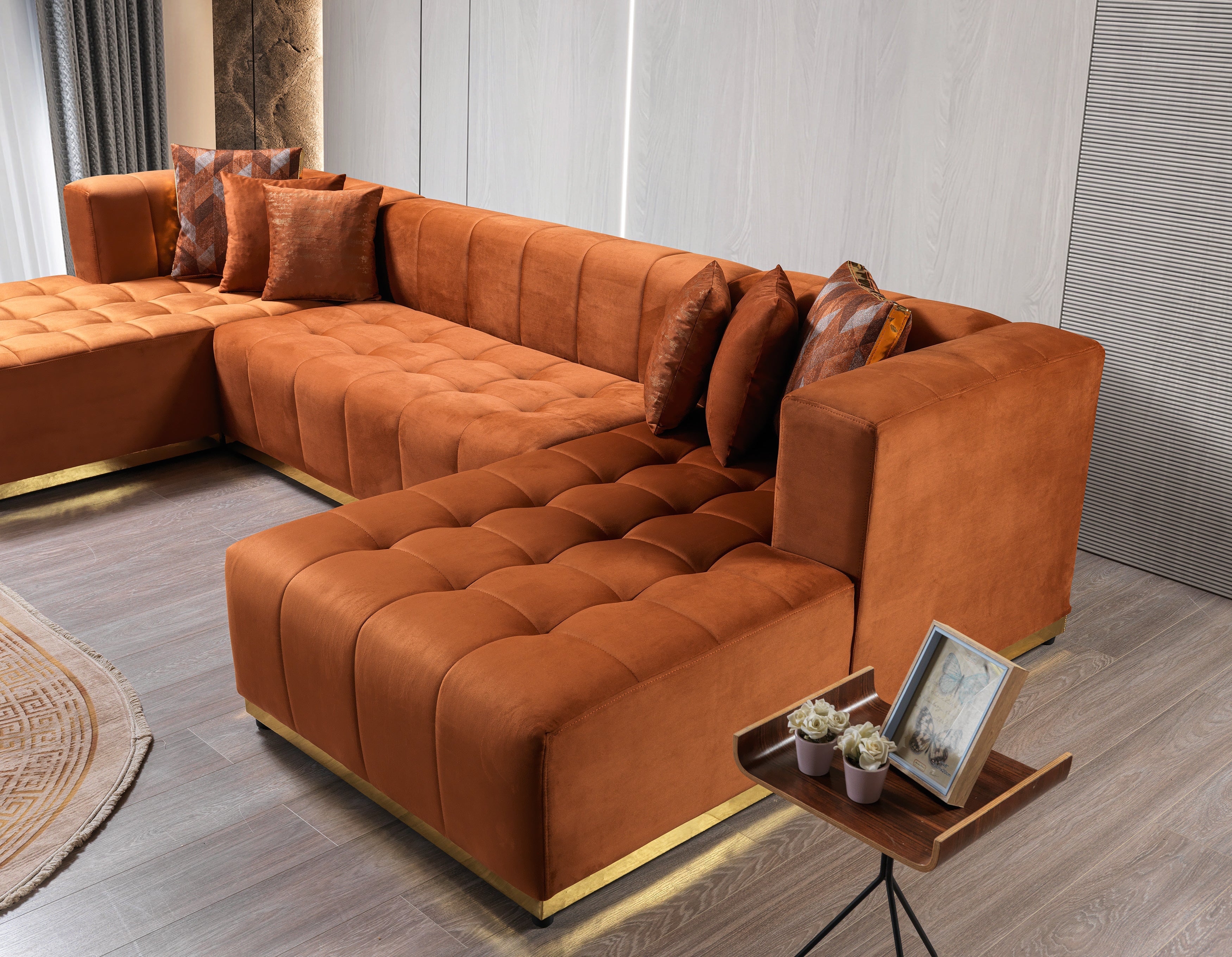 Elisha Orange Velvet Double Chaise 140" Sectional - ELISHAORANGE-SEC