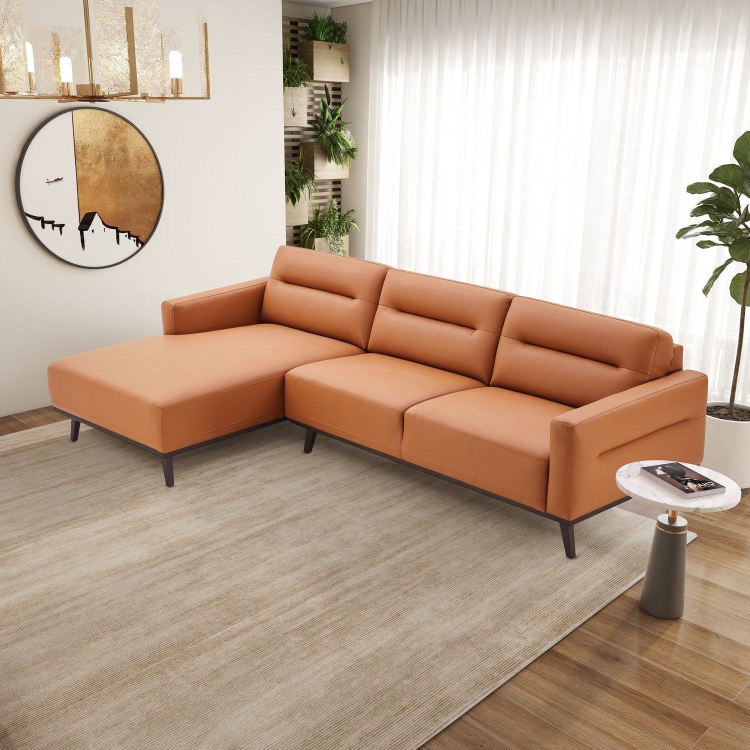 Ella L-Shaped Cognac PU Leather Left Sectional Couch - SEC03100203