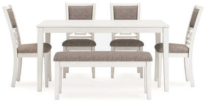Erinberg Antique White Dining Table and 4 Chairs and Bench (Set of 6) - D423-325