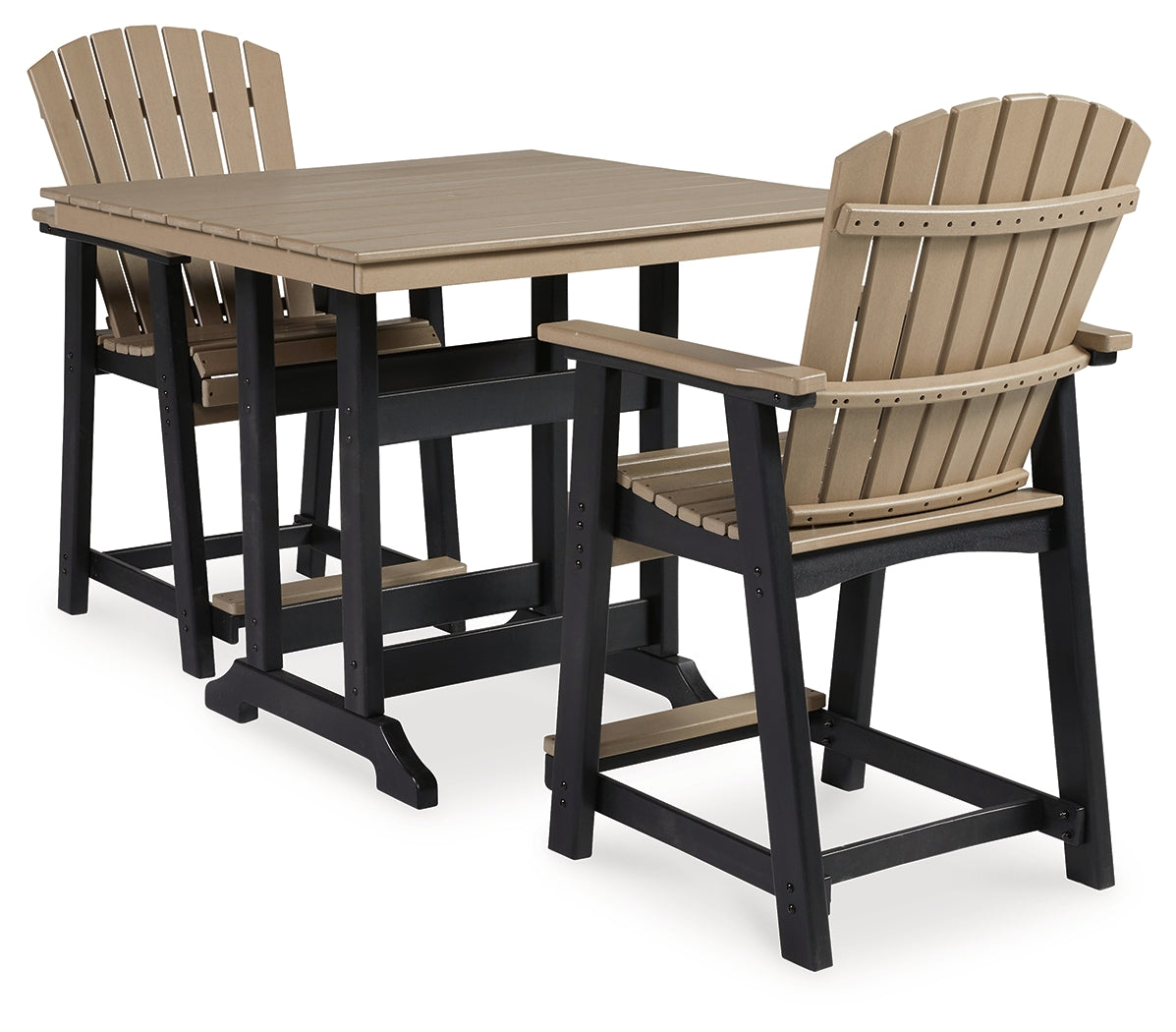 Fairen Trail Outdoor Counter Height Dining Table and 2 Barstools in Black/Driftwood - PKG014563