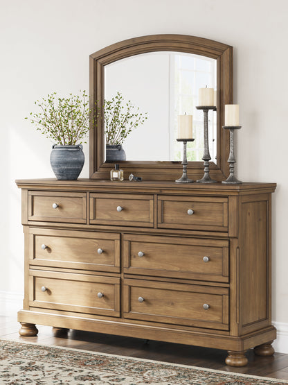 Feddinger California King Panel Bed with Mirrored Dresser and Chest in Medium Brown from Ashley - Luna Furniture