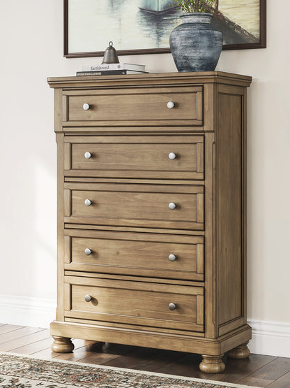 Feddinger California King Panel Bed with Mirrored Dresser and Chest in Medium Brown from Ashley - Luna Furniture