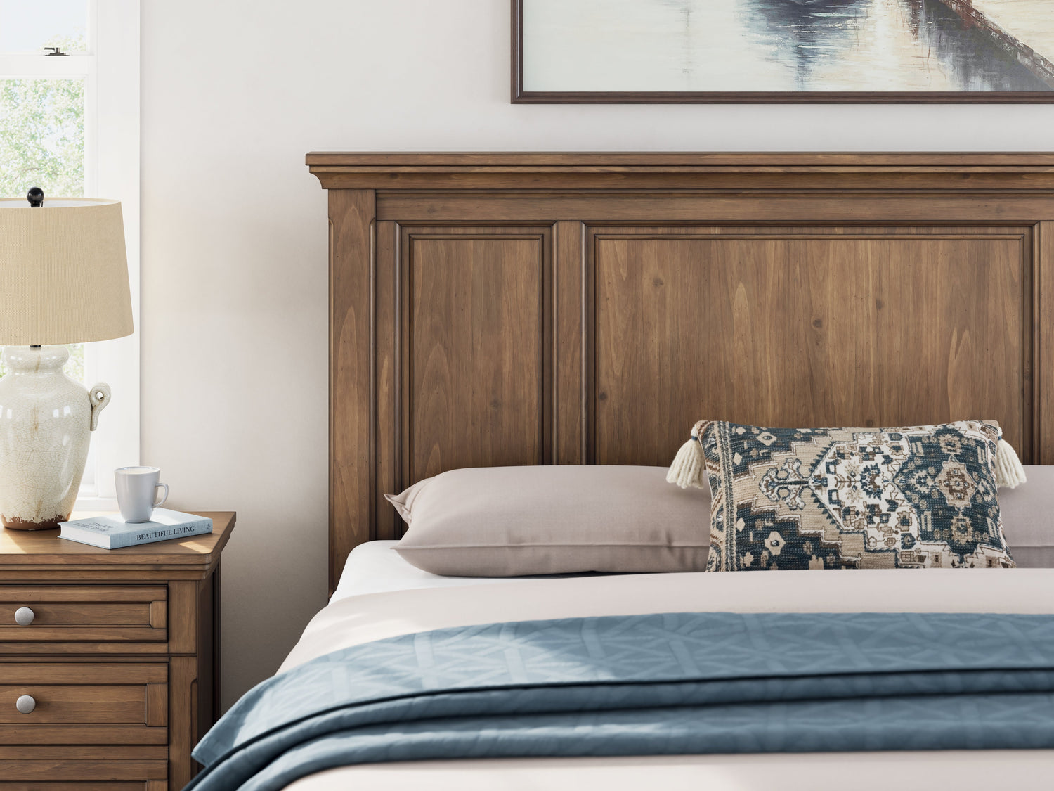Feddinger California King Panel Bed with Mirrored Dresser and Nightstand in Medium Brown from Ashley - Luna Furniture