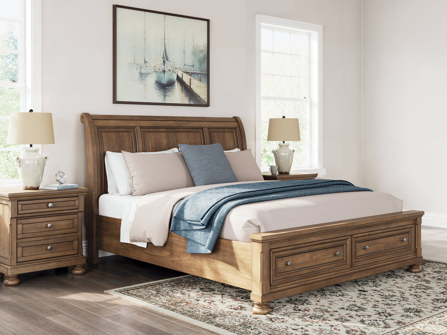 Feddinger California King Storage Sleigh Bed with Dresser and Nightstand in Medium Brown from Ashley - Luna Furniture