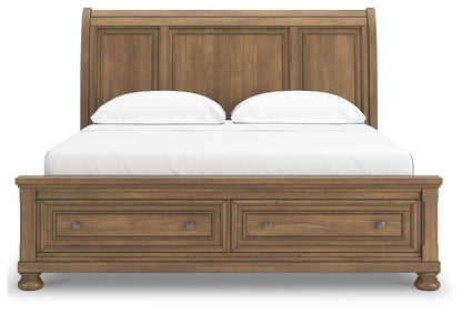 Feddinger California King Storage Sleigh Bed with Mirrored Dresser in Medium Brown from Ashley - Luna Furniture