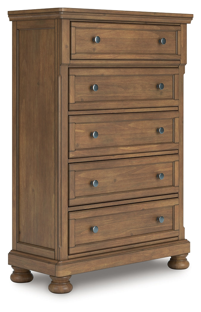 Feddinger King Panel Bed with Mirrored Dresser, Chest and 2 Nightstands in Medium Brown from Ashley - Luna Furniture