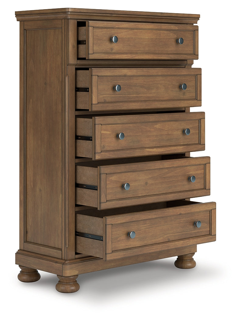 Feddinger King Panel Bed with Mirrored Dresser, Chest and 2 Nightstands in Medium Brown from Ashley - Luna Furniture