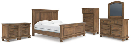 Feddinger King Panel Bed with Mirrored Dresser, Chest and 2 Nightstands in Medium Brown from Ashley - Luna Furniture