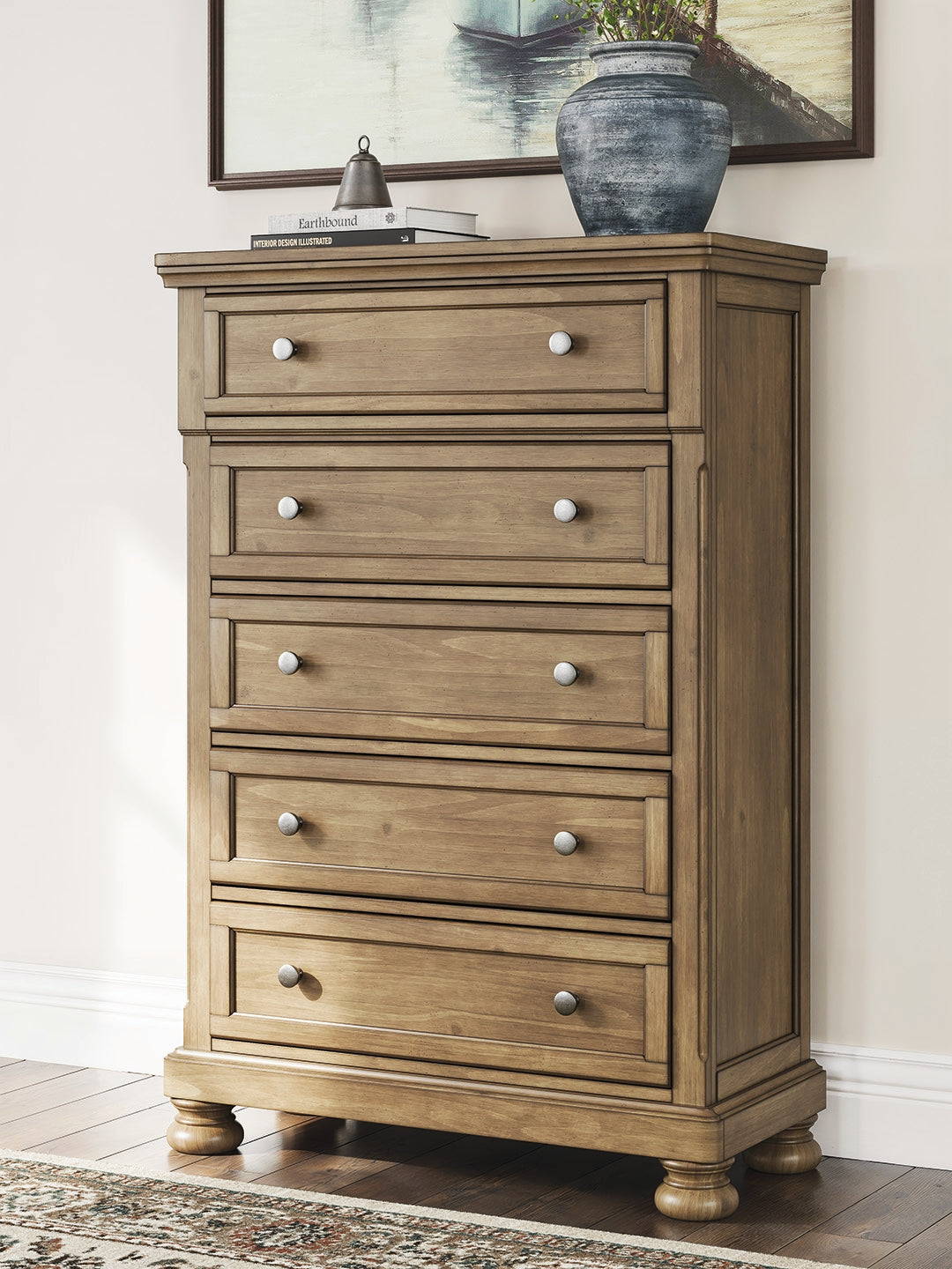 Feddinger King Panel Bed with Mirrored Dresser, Chest and 2 Nightstands in Medium Brown from Ashley - Luna Furniture