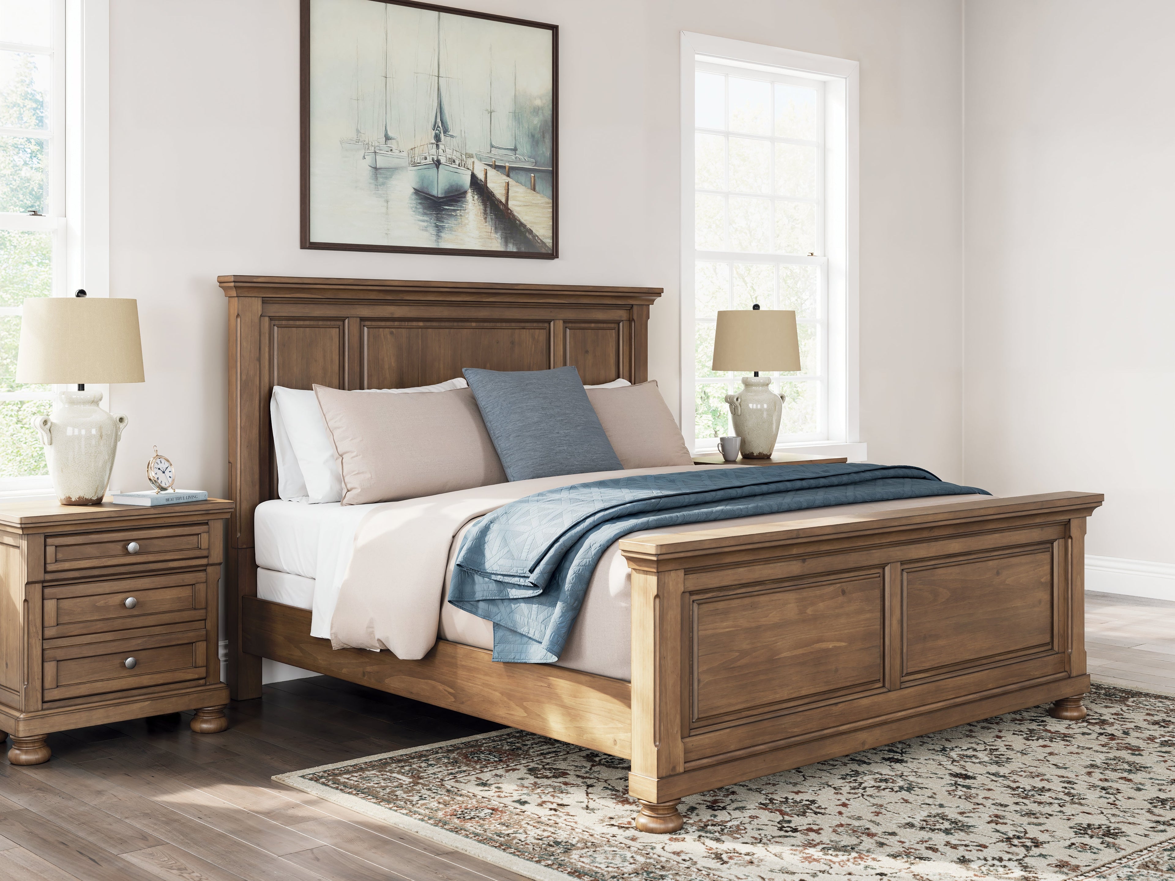 Feddinger King Panel Bed with Mirrored Dresser, Chest and 2 Nightstands in Medium Brown from Ashley - Luna Furniture