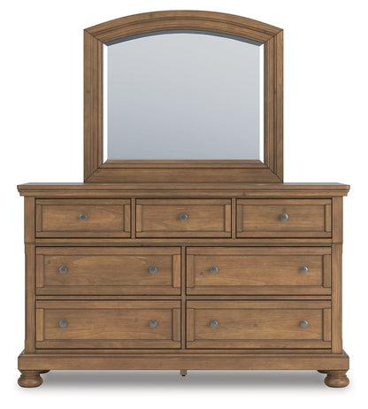 Feddinger King Storage Sleigh Bed with Mirrored Dresser and Nightstand in Medium Brown from Ashley - Luna Furniture