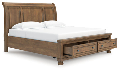 Feddinger King Storage Sleigh Bed with Mirrored Dresser and Nightstand in Medium Brown from Ashley - Luna Furniture