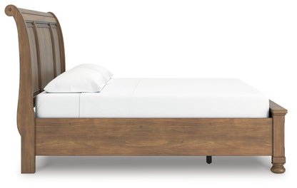 Feddinger King Storage Sleigh Bed with Mirrored Dresser and Nightstand in Medium Brown from Ashley - Luna Furniture