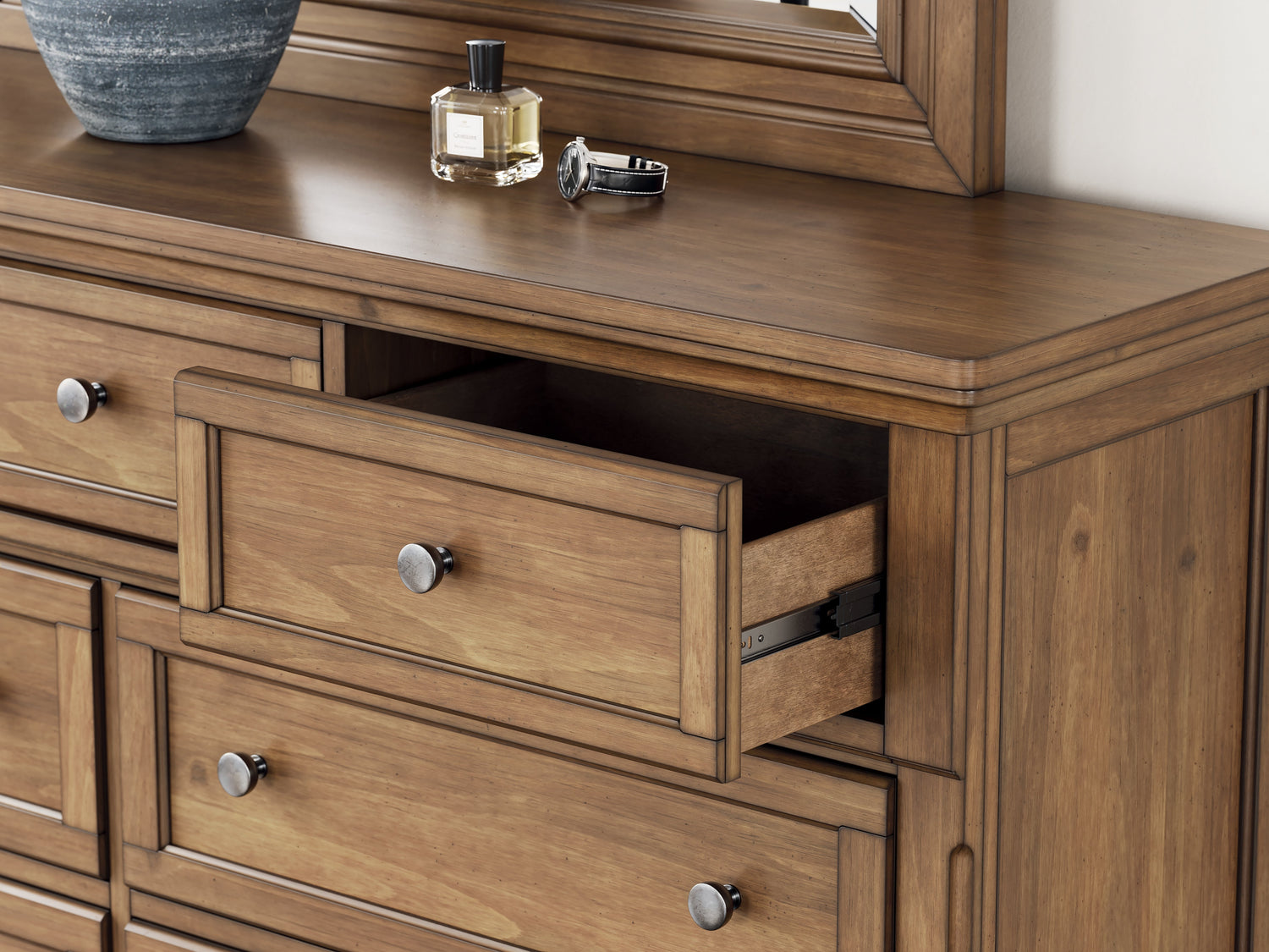 Feddinger King Storage Sleigh Bed with Mirrored Dresser and Nightstand in Medium Brown from Ashley - Luna Furniture