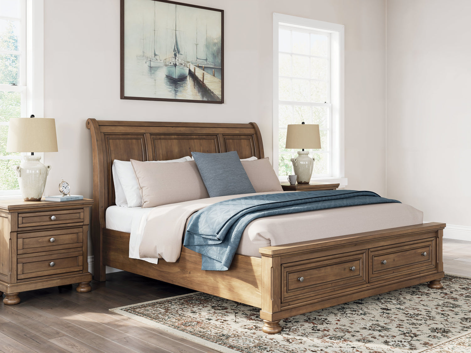 Feddinger King Storage Sleigh Bed with Mirrored Dresser and Nightstand in Medium Brown from Ashley - Luna Furniture