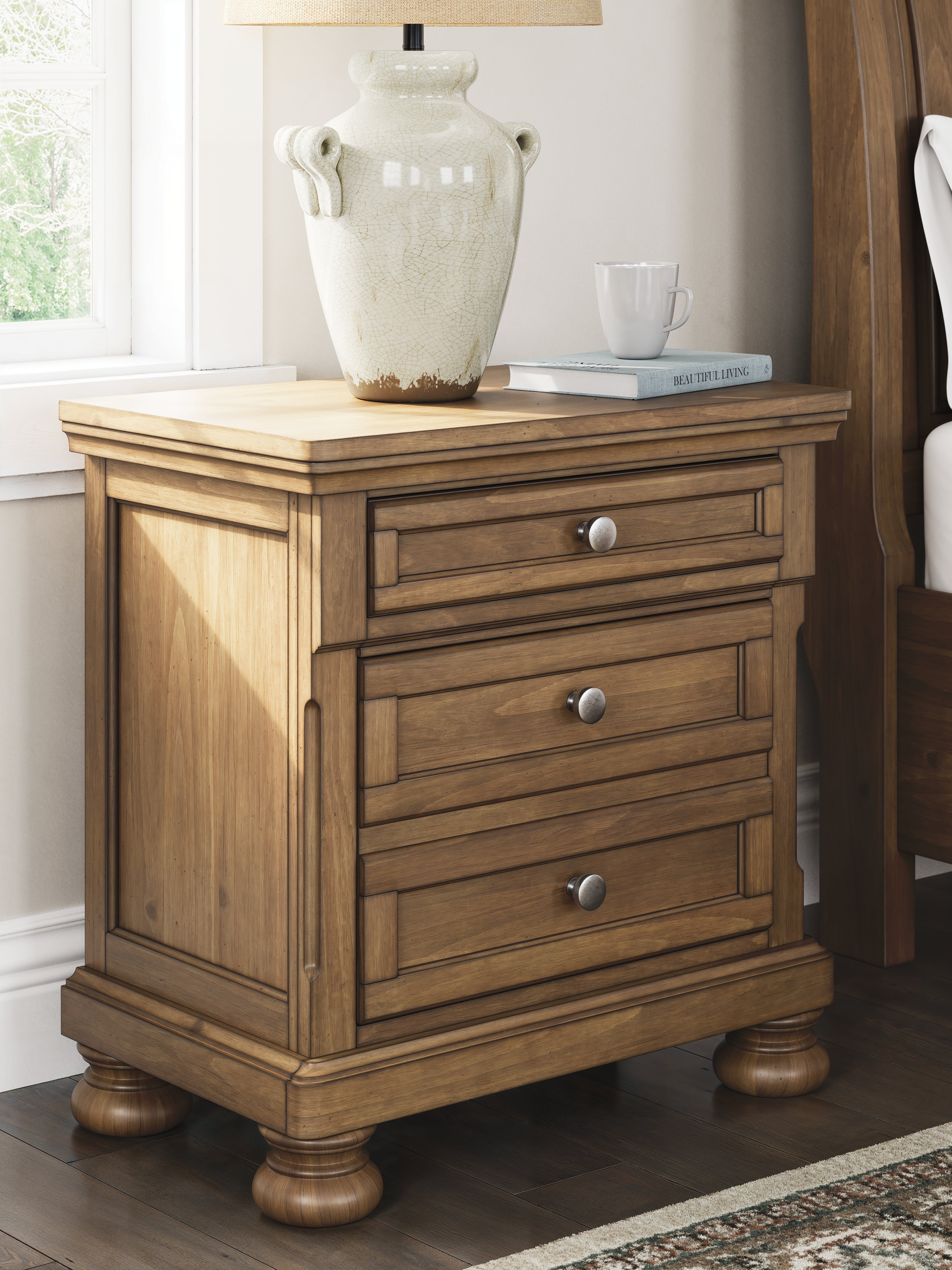 Feddinger King Storage Sleigh Bed with Mirrored Dresser and Nightstand in Medium Brown from Ashley - Luna Furniture