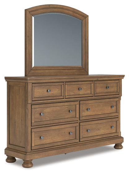 Feddinger King Storage Sleigh Bed with Mirrored Dresser and Nightstand in Medium Brown from Ashley - Luna Furniture