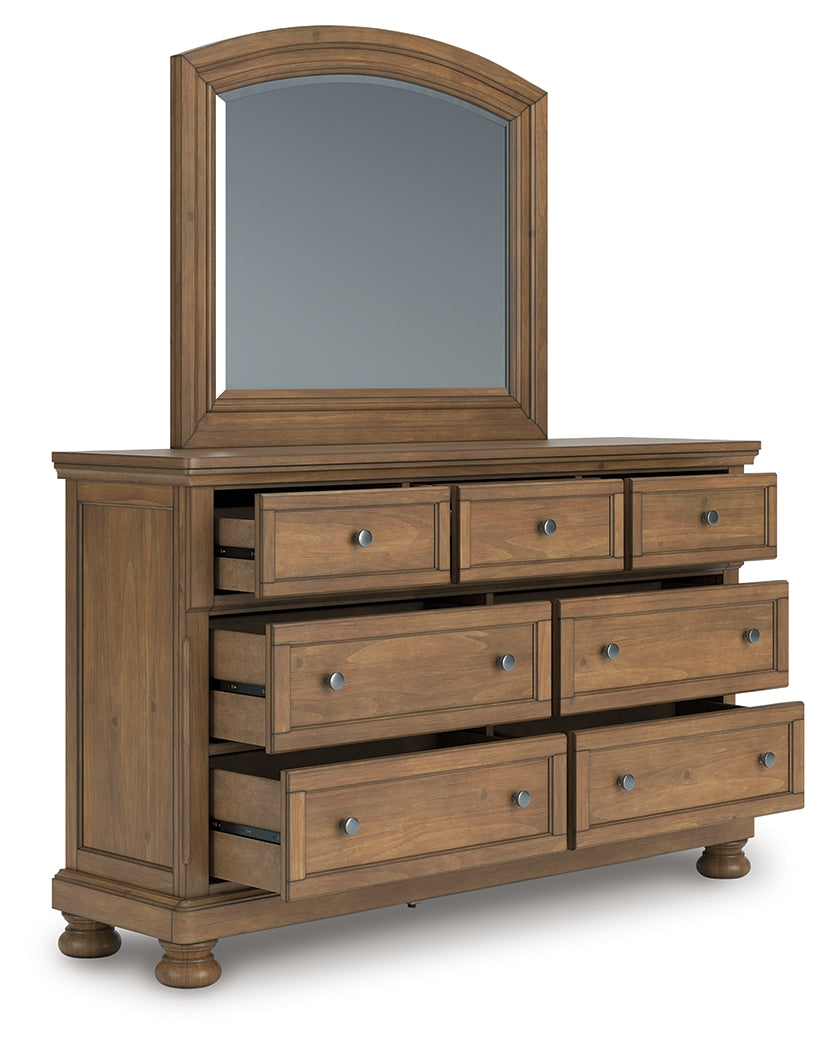 Feddinger King Storage Sleigh Bed with Mirrored Dresser and Nightstand in Medium Brown from Ashley - Luna Furniture