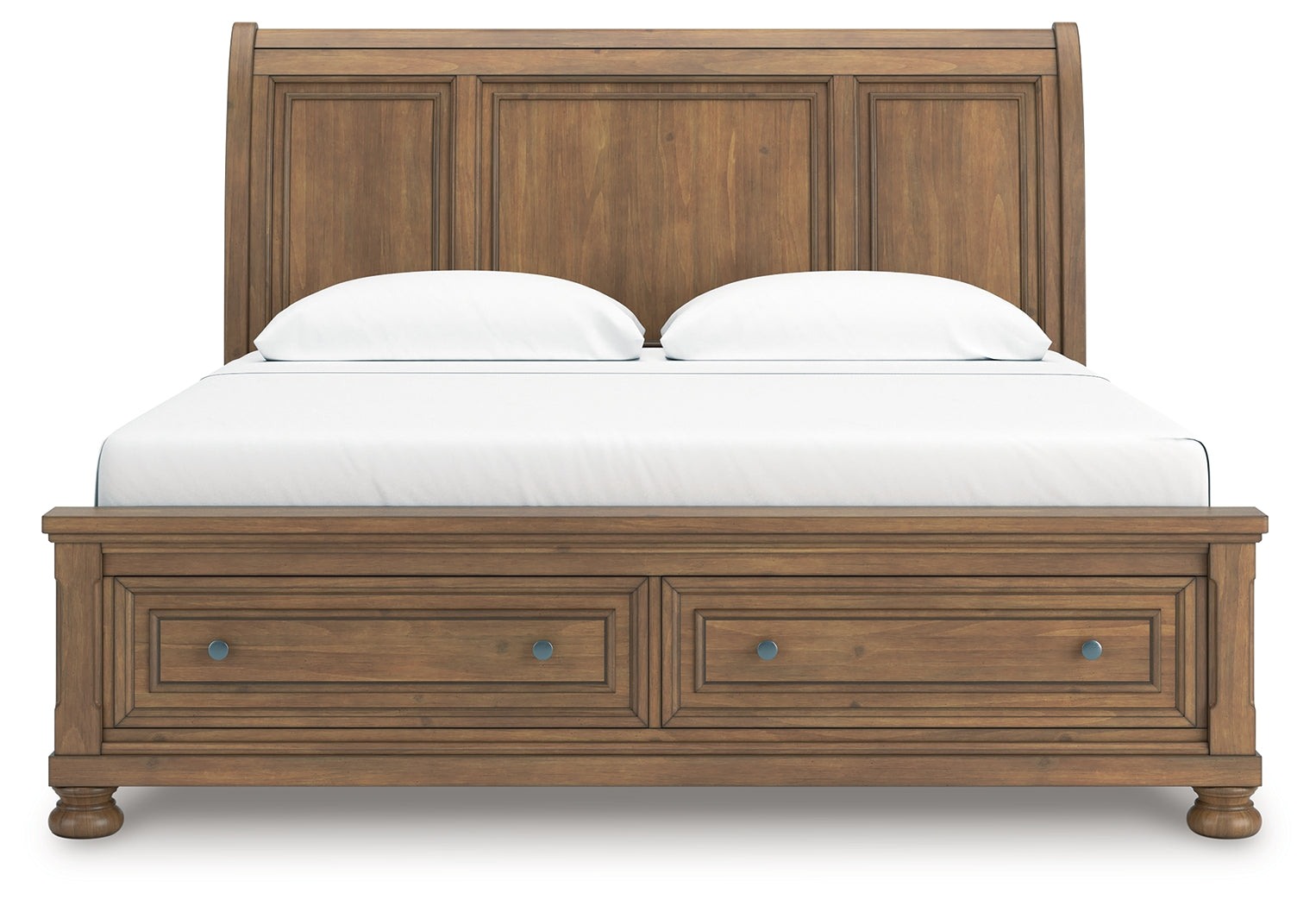 Feddinger King Storage Sleigh Bed with Mirrored Dresser and Nightstand in Medium Brown from Ashley - Luna Furniture