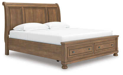 Feddinger King Storage Sleigh Bed with Mirrored Dresser, Chest and 2 Nightstands in Medium Brown from Ashley - Luna Furniture