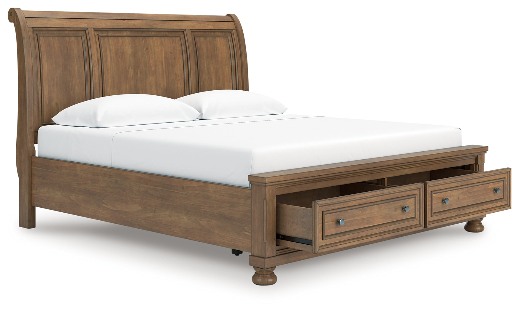 Feddinger King Storage Sleigh Bed with Mirrored Dresser, Chest and Nightstand in Medium Brown from Ashley - Luna Furniture