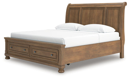 Feddinger King Storage Sleigh Bed with Mirrored Dresser, Chest and Nightstand in Medium Brown from Ashley - Luna Furniture