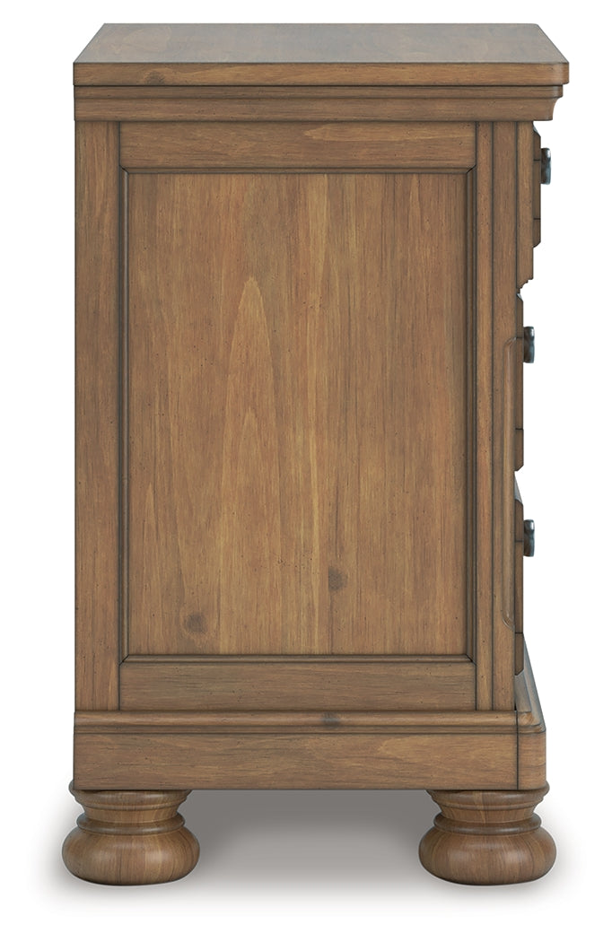 Feddinger King Storage Sleigh Bed with Mirrored Dresser, Chest and Nightstand in Medium Brown from Ashley - Luna Furniture