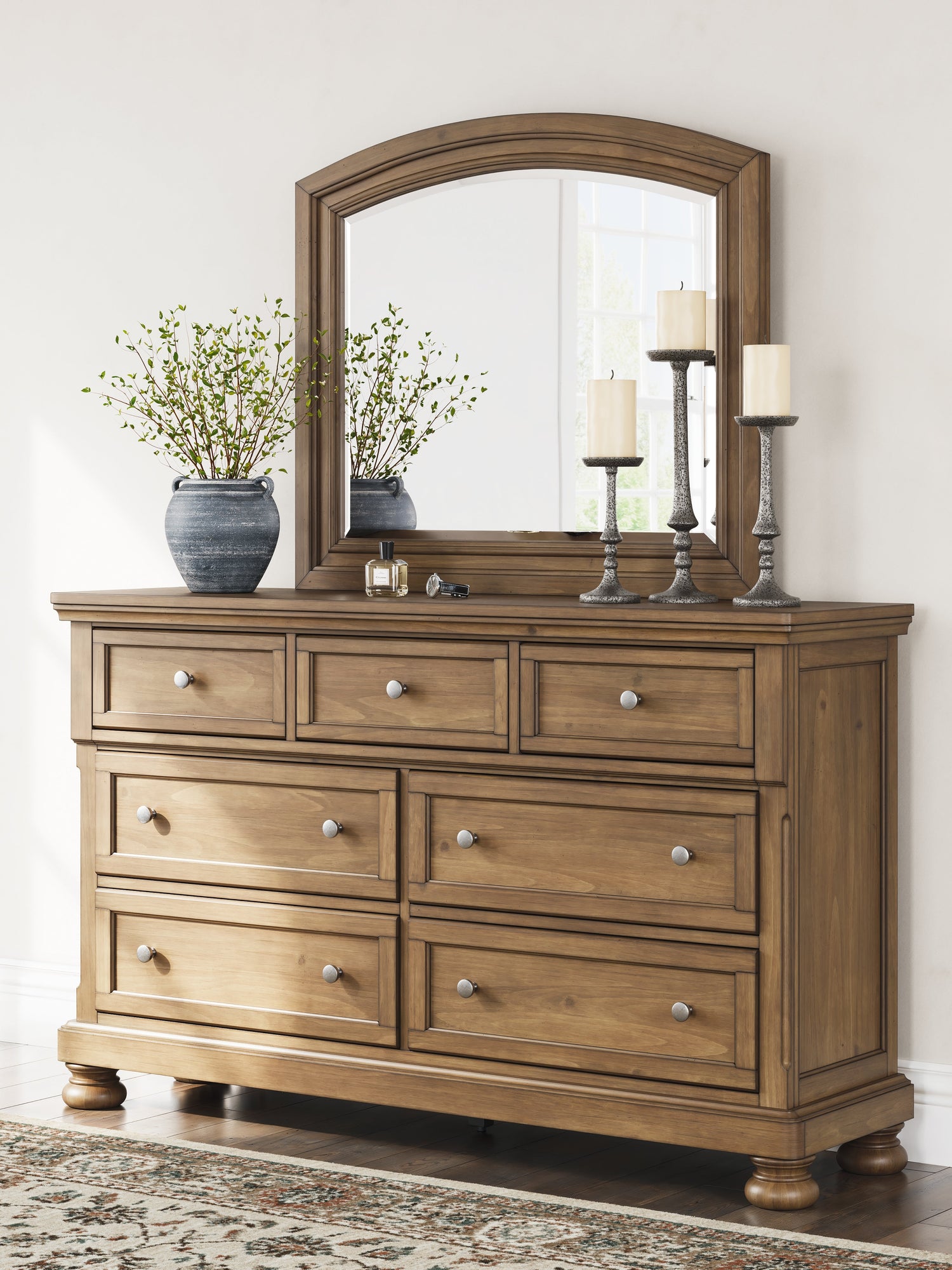 Feddinger King Storage Sleigh Bed with Mirrored Dresser, Chest and Nightstand in Medium Brown from Ashley - Luna Furniture