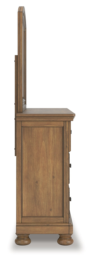 Feddinger King Storage Sleigh Bed with Mirrored Dresser, Chest and Nightstand in Medium Brown from Ashley - Luna Furniture